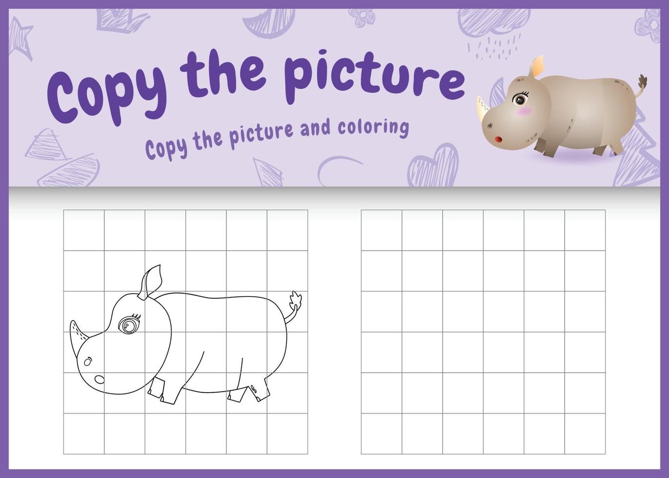 kopiera bilden barn spel och målarbok med en söt noshörning karaktär illustration vektor