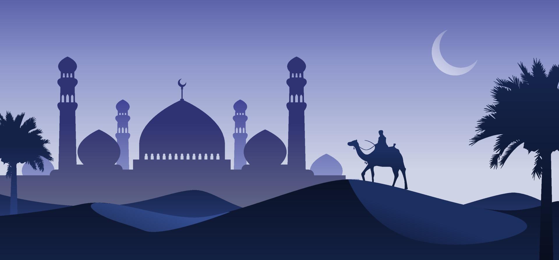 man rider kamel i ökennatten med moské och halvmåne bakgrund, arabia ökenlandskap nattvy, silhuett vektorillustration, islam eller ramadankoncept vektor