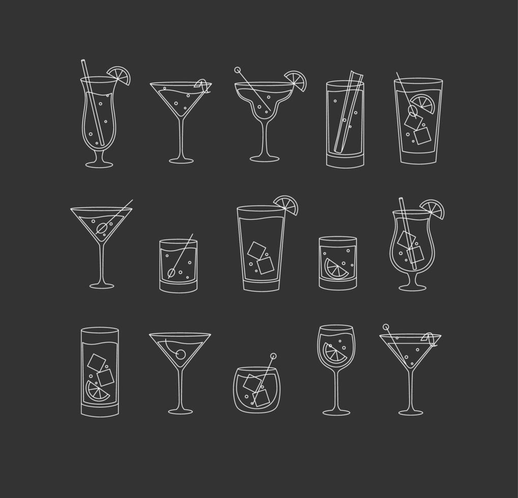 Alkohol Getränke und Cocktails Symbol einstellen im eben Linie Stil auf dunkel Hintergrund. vektor