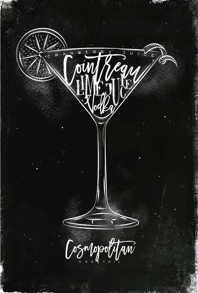 kosmopolitisch Cocktail Beschriftung Cranberry Saft, Cointreau, Wodka, Limette im Jahrgang Grafik Stil Zeichnung mit Kreide auf Tafel Hintergrund vektor