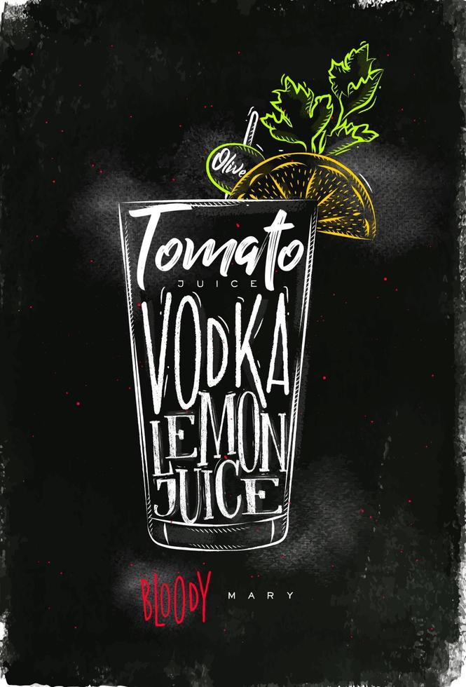 Bloody Mary Cocktail Schriftzug Tomate, Wodka, Zitronensaft, Olive in Vintage grafische Zeichnung mit Kreide und Farbe auf Tafel Hintergrund vektor