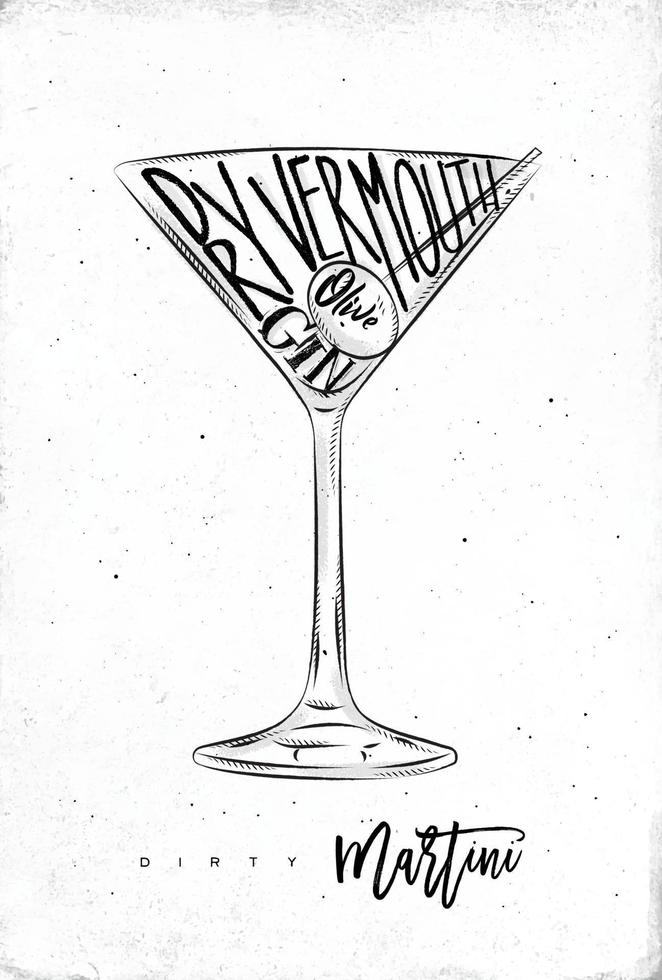 schmutziger Martini-Cocktail-Schriftzug trockener Wermut, Gin, Olive im Vintage-Grafikstil, der Zeichnung auf schmutzigem Papierhintergrund zeichnet vektor