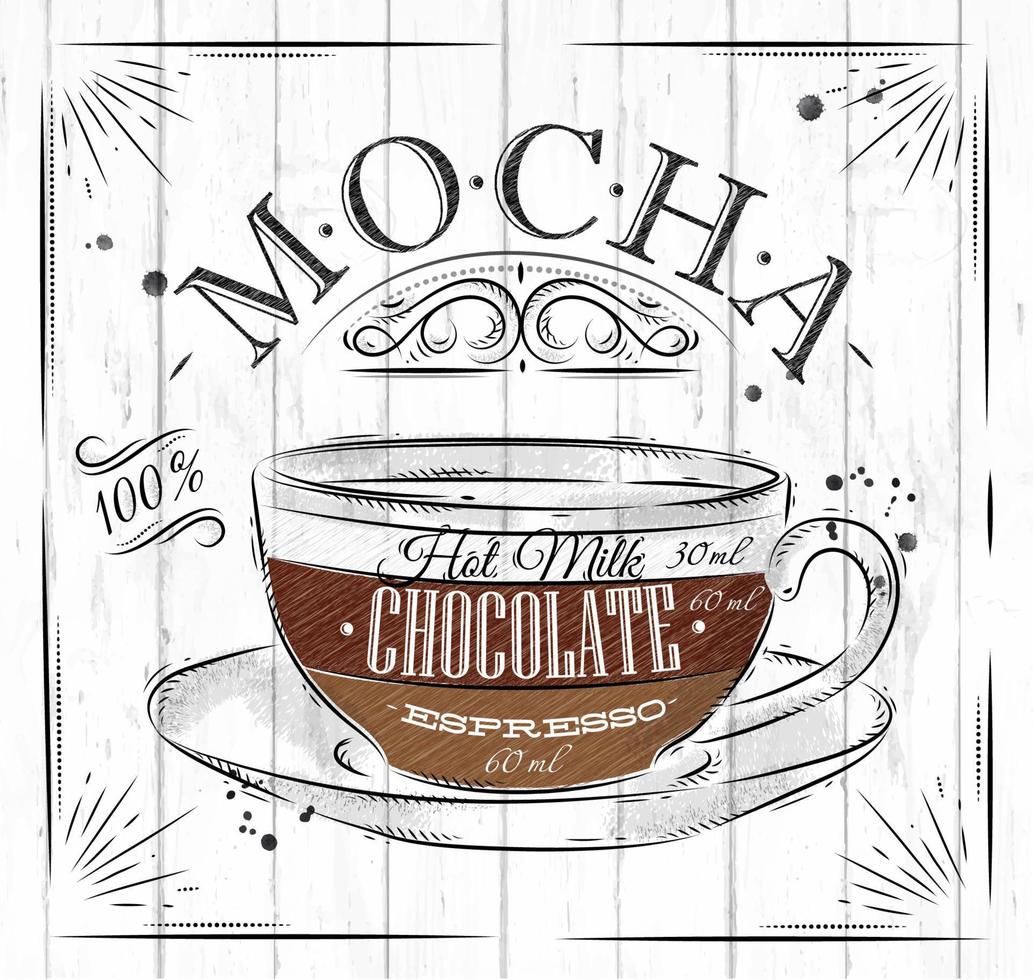 Poster Kaffee Mokka im Jahrgang Stil Zeichnung auf Holz Hintergrund vektor