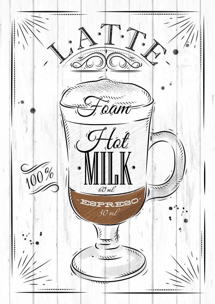 Poster Kaffee Latté im Jahrgang Stil Zeichnung auf Holz Hintergrund vektor