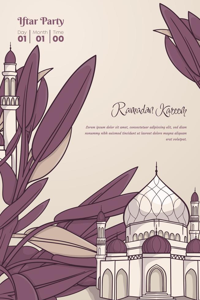 ramadan kareem bakgrund mall med löv och moské i hand dragen design vektor