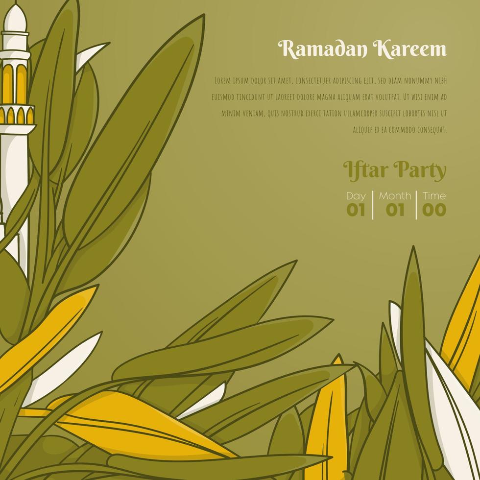 ramadan kareem bakgrund med moské minaret och grön löv i gand dragen design vektor