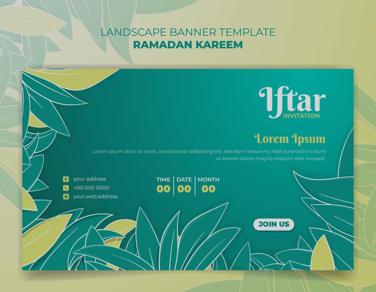 grön baner mall för ramadan kareem med grön hand dragen löv bakgrund design vektor