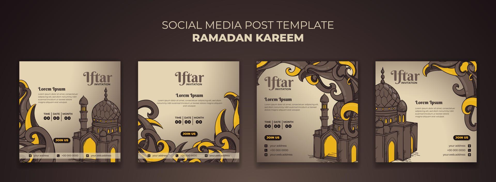 uppsättning av social media posta mall med moské och dekorativ bakgrund i hand dragen design vektor