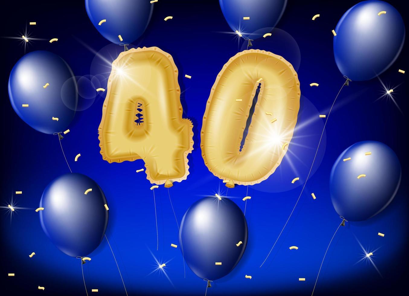 feiern 40 Jahre mit Gold und Blau Luftballons und funkeln Konfetti auf ein Blau Hintergrund. Vektor Design zum Feierlichkeiten, Einladung Karten und Gruß Karten.