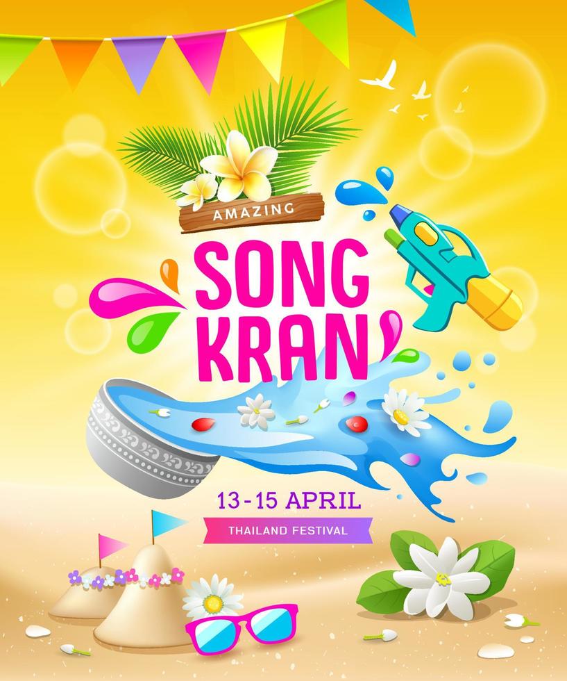 songkran thailand festival, thai blommor i en vatten skål, stänk, pistol vatten, sand pagod, på sand och gul bakgrund, eps 10 vektor illustration