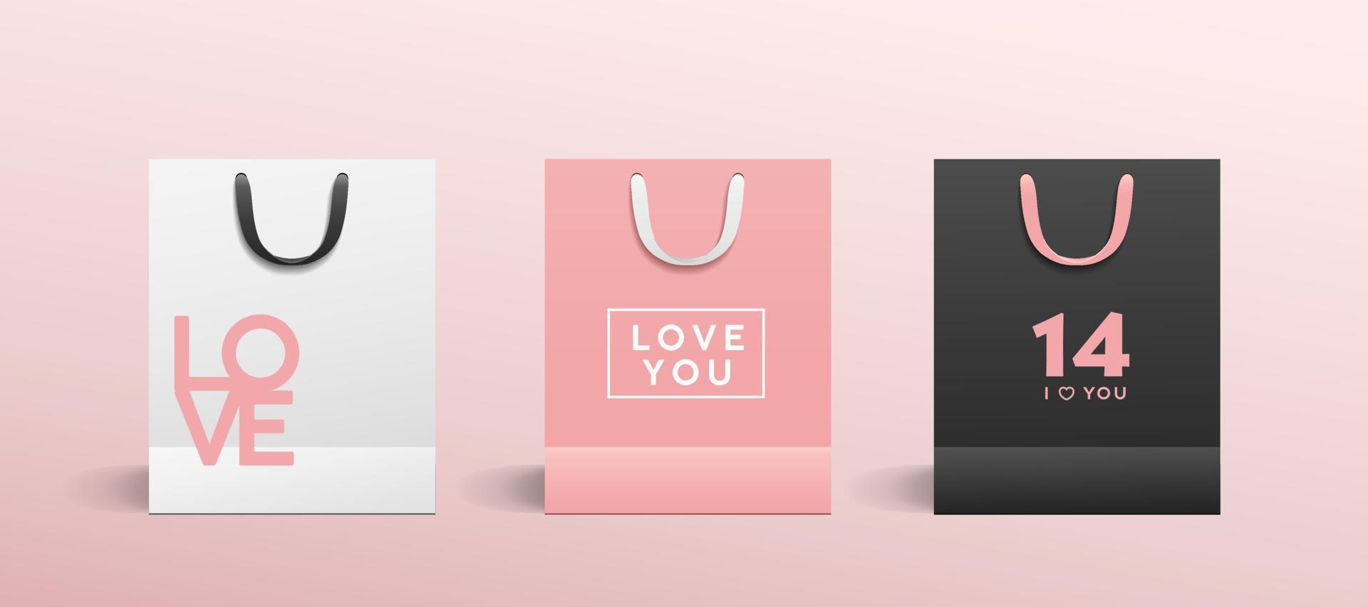 Weiß Papier Tasche, Rosa Papier Tasche, schwarz Papier Tasche, mit bunt Stoff Griff Sammlungen Valentinstag Konzept Design, Vorlage Hintergrund, eps 10 Vektor Illustration