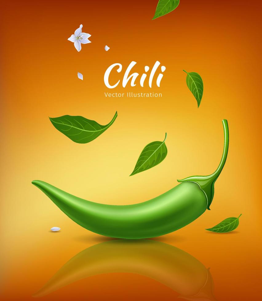 chili paprikor grön färsk och löv, blomma chili realistisk design, på gul orange bakgrund, eps 10 vektor illustration