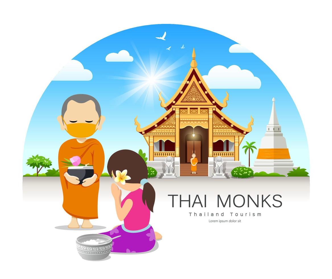 Frauen Angebot Almosen zu thailändisch Mönche stellen Gesicht Maske, auf Thailand Tempel Pagode Wolke und Himmel Design Hintergrund, Vektor eps 10 Illustration