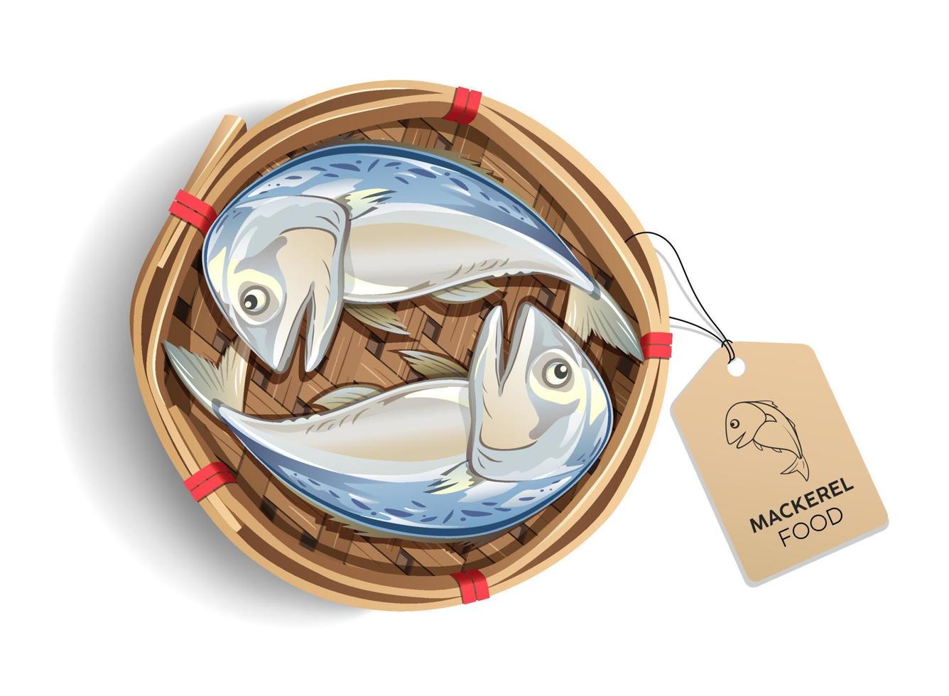 Makrele Fisch im Bambus Korb Verpackung, mit braun Etikette Fisch Produkt, isoliert auf Weiß Hintergrund ,beliebt Essen im Thailand, Vektor Illustration