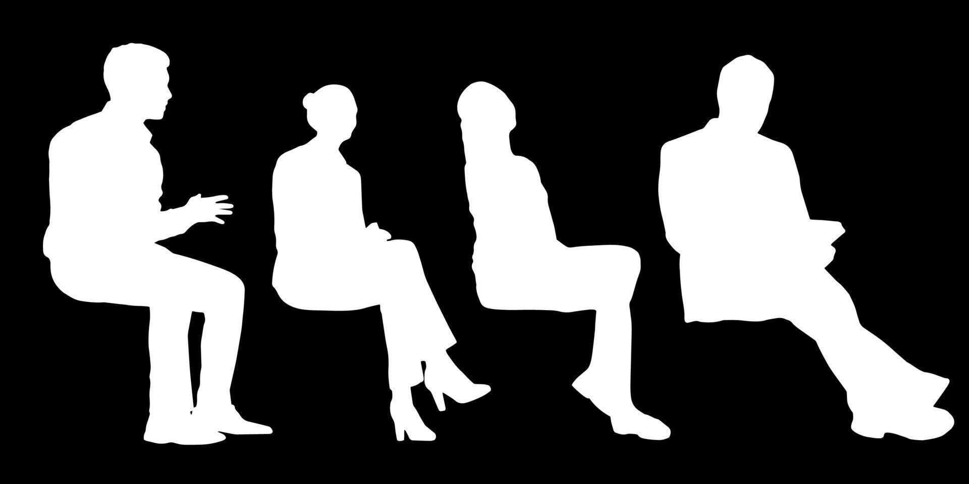 uppsättning av silhuetter av män och en kvinnor, en grupp av stående människor vit Färg isolerat på svart bakgrund vektor