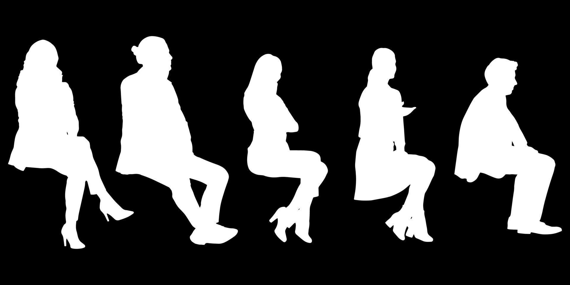 einstellen von Silhouetten von Männer und ein Frauen, ein Gruppe von Stehen Menschen Weiß Farbe isoliert auf schwarz Hintergrund vektor