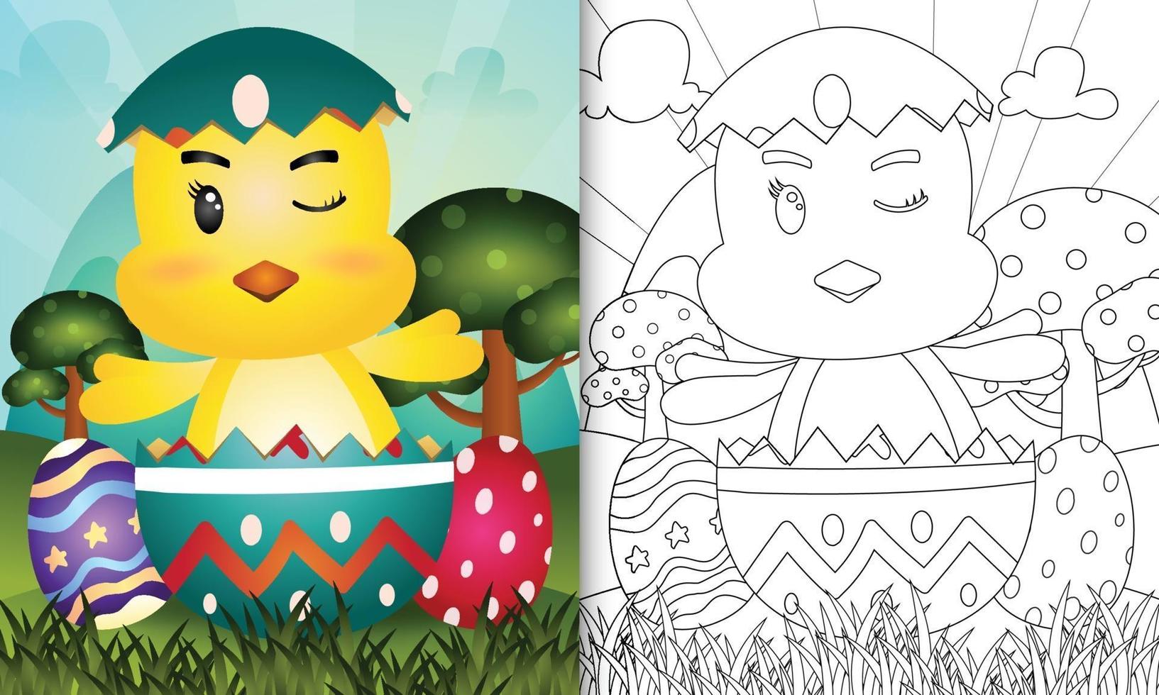 målarbok för barn tema glad påskdag med karaktärsillustration av en söt kyckling i ägget vektor