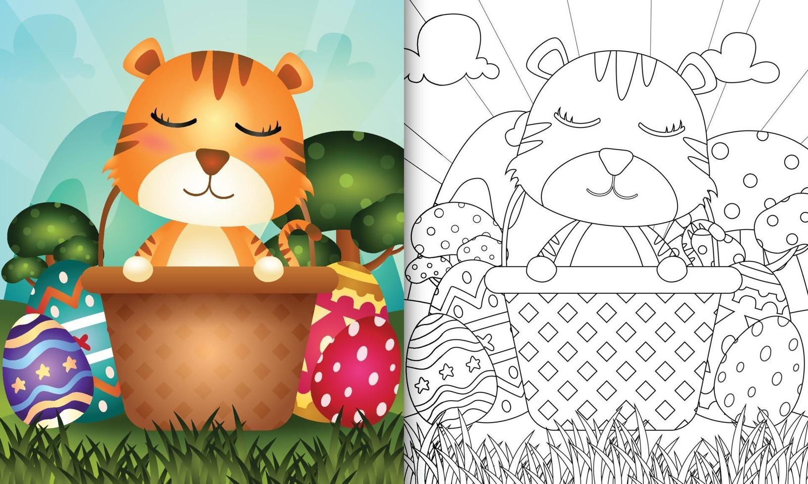 Malbuch für Kinder themenorientierten glücklichen Ostertag mit Charakterillustration eines niedlichen Tigers im Eimerei vektor