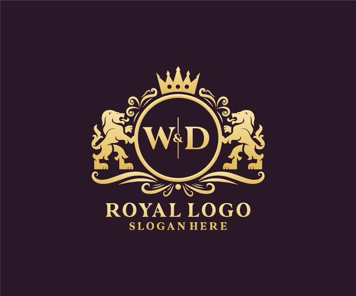 första wd brev lejon kunglig lyx logotyp mall i vektor konst för restaurang, kungligheter, boutique, Kafé, hotell, heraldisk, Smycken, mode och Övrig vektor illustration.