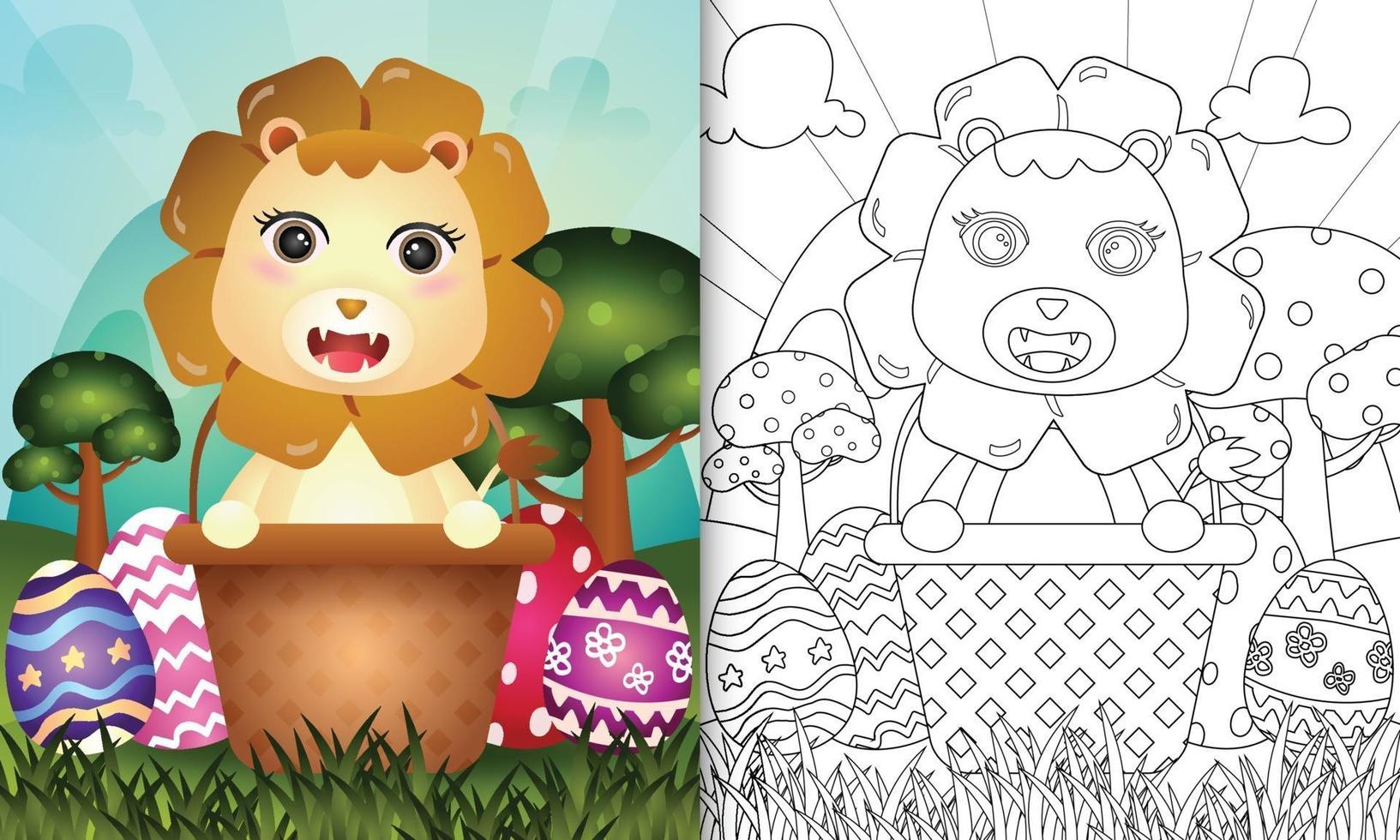 Malbuch für Kinder themenorientierten glücklichen Ostertag mit Charakterillustration eines niedlichen Löwen im Eimerei vektor