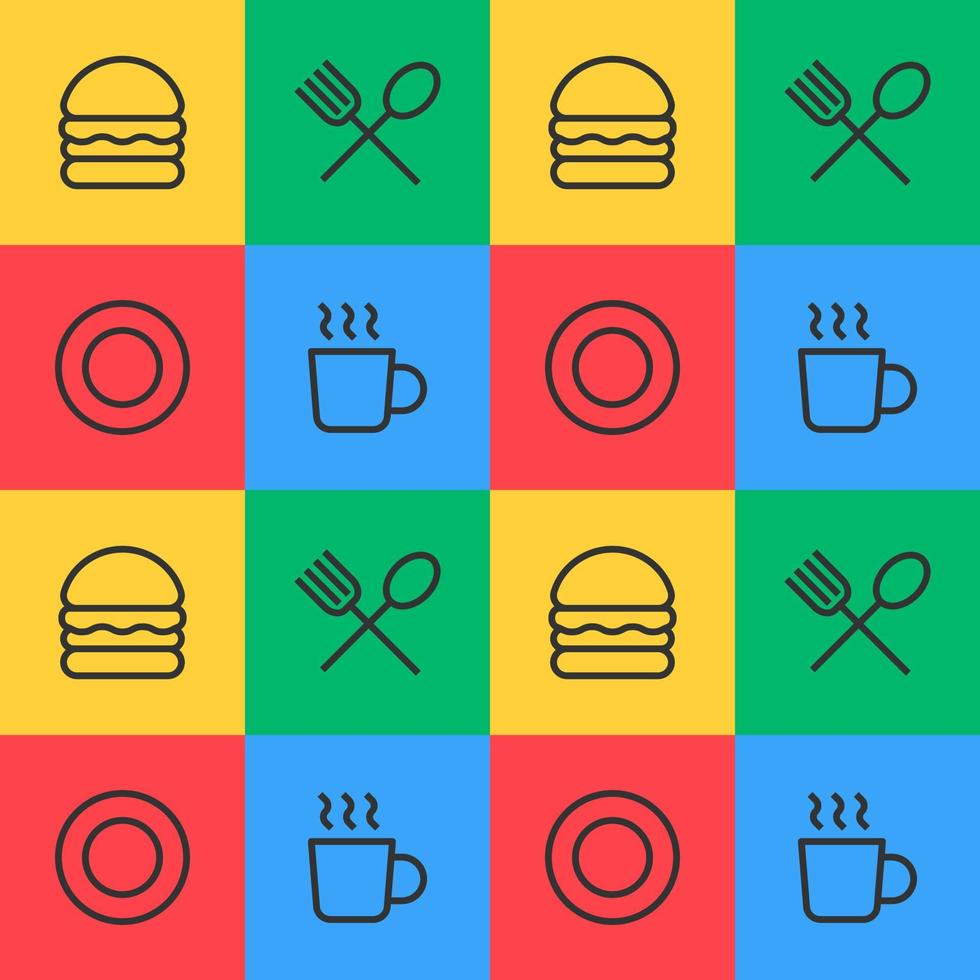 mat domstol sömlös mönster med 4 matälskare ikoner i rutor. perfekt för restaurang, mat domstol bakgrund texturer. mat domstol fri mönster illustration. vektor