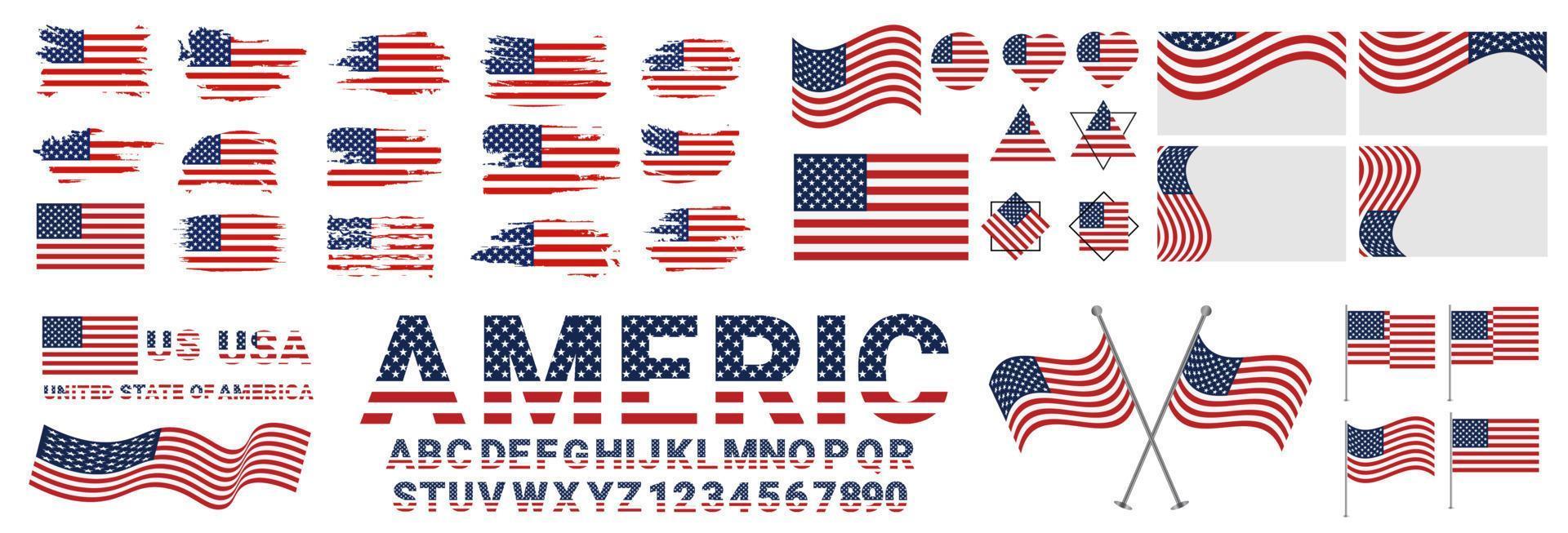 bündeln von USA, vereinigt Zustände von Amerika Symbol Flagge Symbol Zeichen Vektor Mega Sammlung Illustration Design. USA Flagge Bürste Vektor Design einstellen Mega Sammlung. USA und Amerika Text Design mit USA Flagge.
