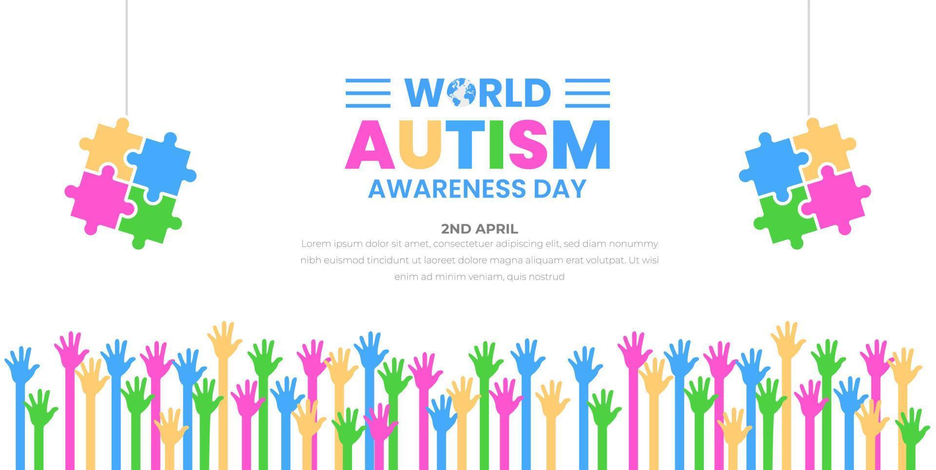 värld autism medvetenhet dag bakgrund design mall. värld autism dag färgrik pussel vektor baner. symbol av autism. autism hälsa vård medicinsk platt bakgrund av april 02 firande.