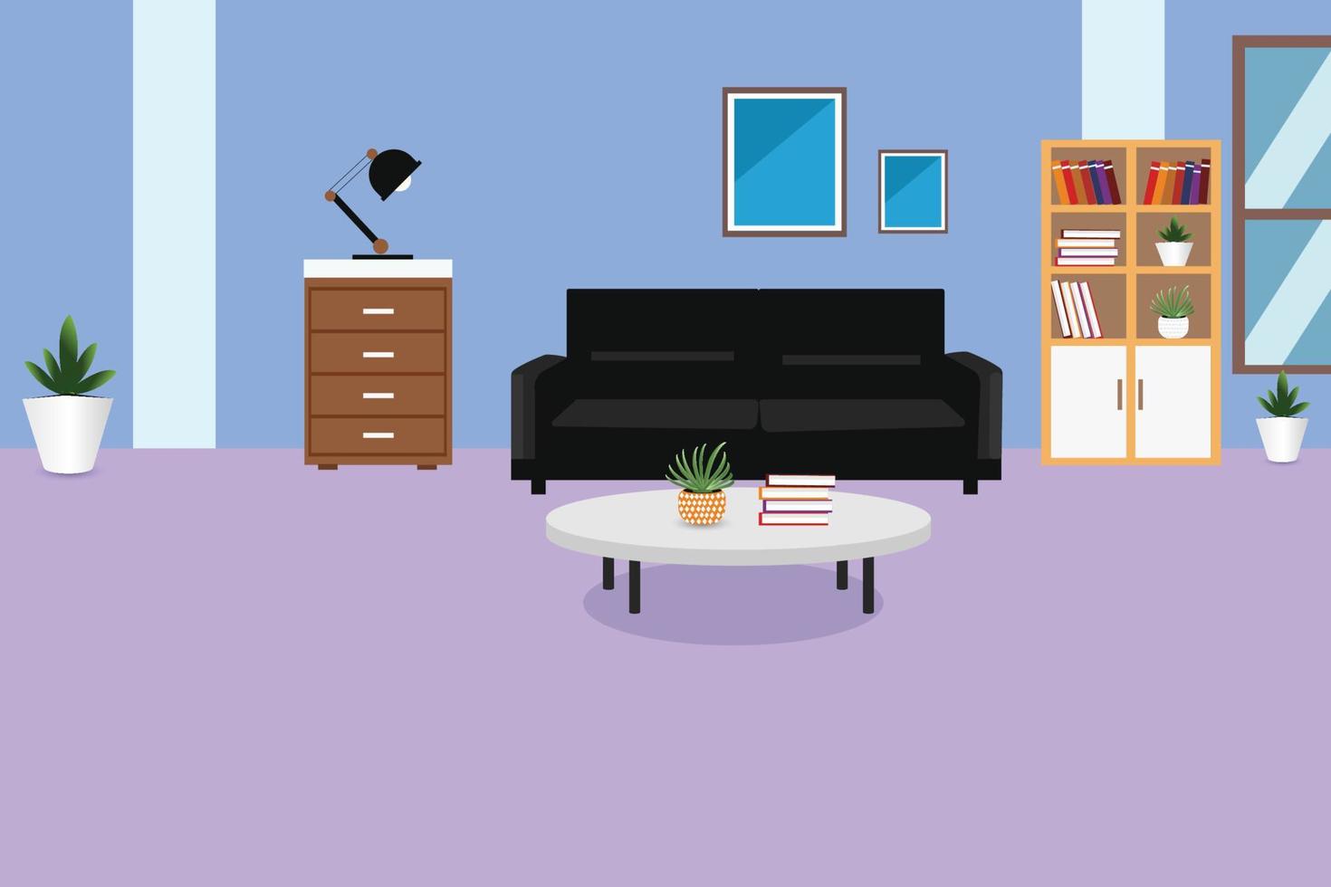 Zuhause Leben Zimmer Innere mit komfortabel Sofa und Bücherregal Vektor eben Illustration