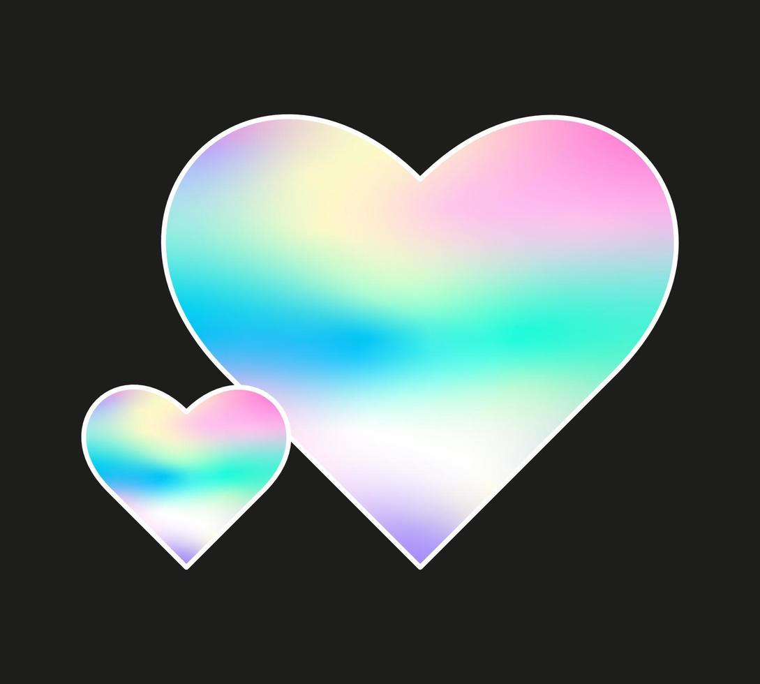 holographisch Herzen Aufkleber zum Valentinsgrüße Tag. Hologramm Etikette von anders Formen. Vektor Aufkleber zum Design Modelle. holographisch texturiert Aufkleber zum Vorschau Stichworte, Etiketten