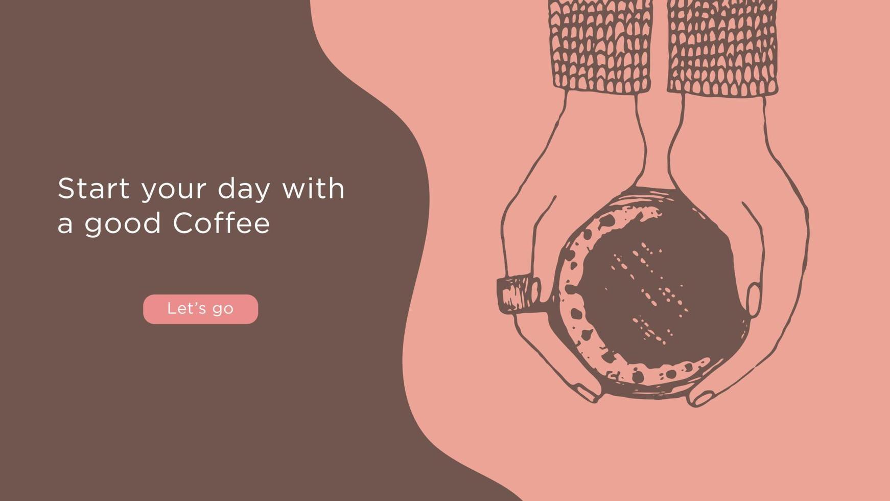 vektor mall för kaffe företag hemsida skärm. begrepp med en kopp av kaffe i de händer - topp se på rosa bakgrund. illustration för landning sida eller baner, flygblad eller blog posta.