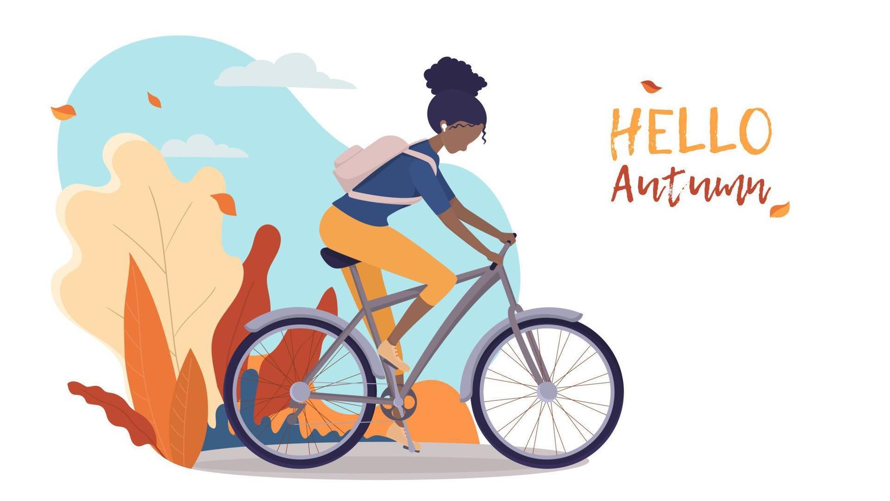 flicka rider en cykel, afrikan-amerikan kvinna rider en cykel i de höst landskap. affisch eller baner för cykel affär, sportkläder eller vykort vektor