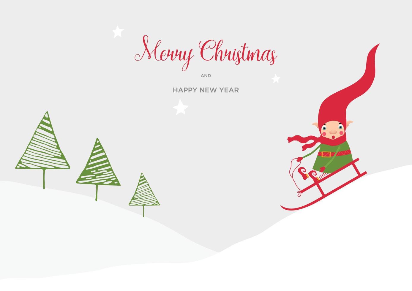 Lager Vektor Illustration mit süß Weihnachten Elf im ein gestreift rot Hut und Schal. glücklich Elf Fahrten bergab auf ein Schlitten. Landschaft.Vorlage zum fröhlich Weihnachten und Neu Jahr Karten, Schöne Grüße