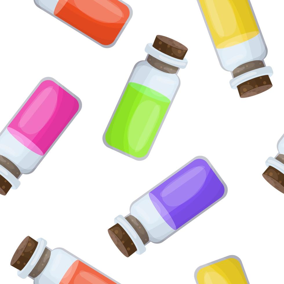 Vektor Illustration von ein nahtlos Muster mit Glas Flaschen im Karikatur Stil. mehrfarbig Flaschen mit hölzern Korken mit Öl oder Medizin. zum Verpackung oder Verpackung Papier