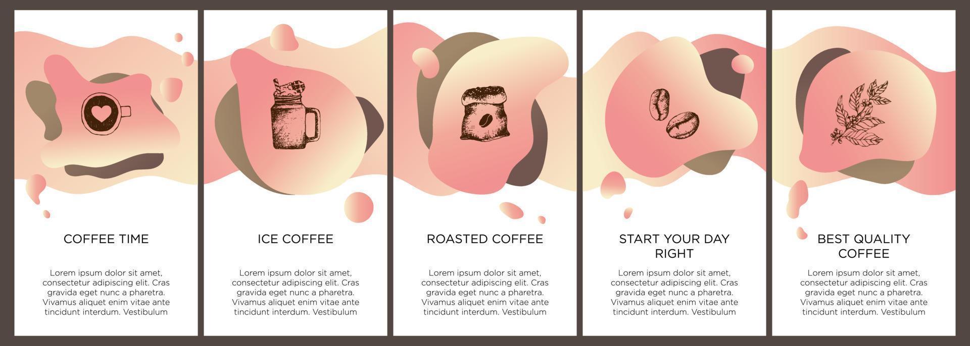 abstrakt kreativ kaffe uppsättning med kopia Plats för text och hand dra coffe ikoner. vektor begrepp för kaffe affär hus, Kafé med rosa modern flytande bakgrund. mall för hemsida, app.