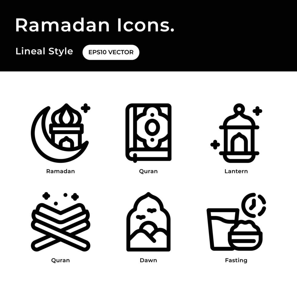 ramadan ikon uppsättning med översikt stil med ramadan ikon, Koranen, lykta, gryning, fasta vektor