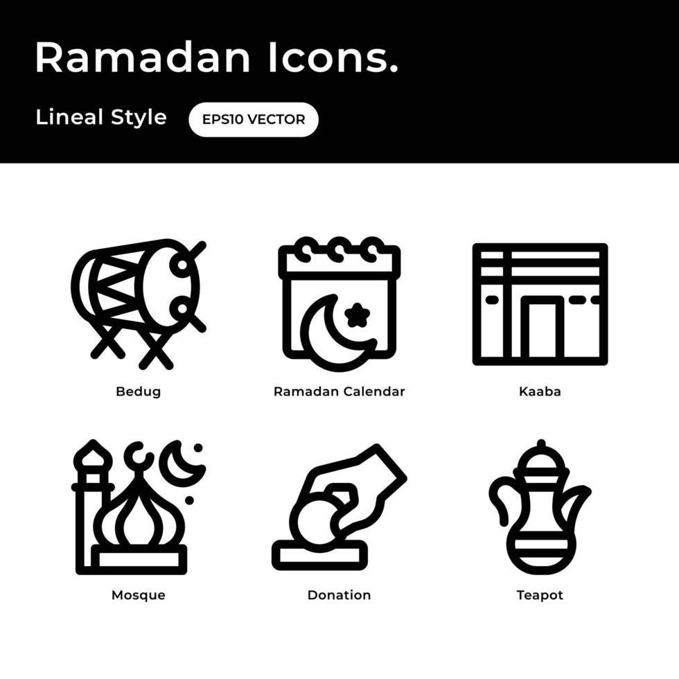 ramadan ikon uppsättning med översikt stil med bedug, ramadan kalender, kaba, moské, donation, tekanna vektor