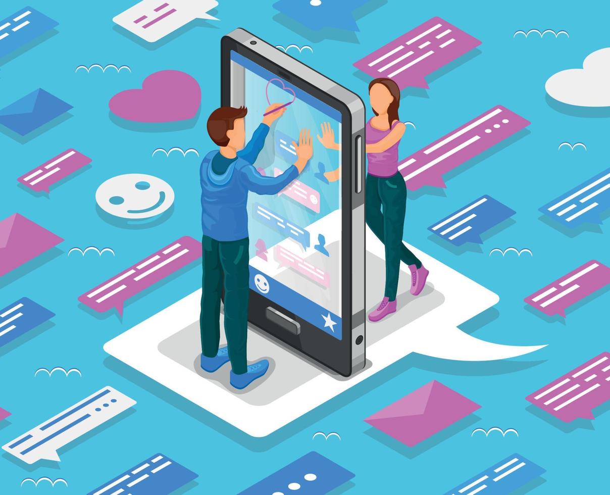 uppkopplad dejting isometrisk begrepp. tonåringar chatt genom smartphone. vektor illustration