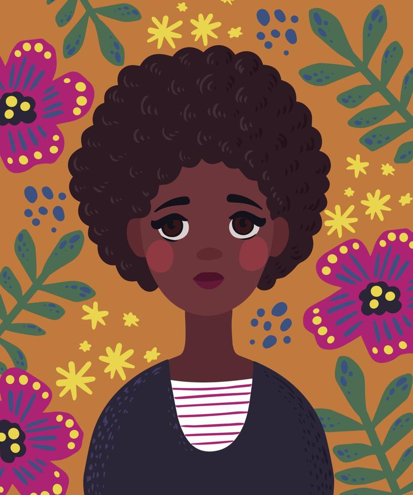 Porträt von ein lockig afrikanisch Mädchen auf ein Blumen- Hintergrund vektor