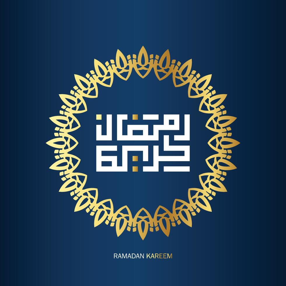 fri ramadan kareem arabicum kalligrafi med gyllene Färg på blå bakgrund. islamic månad av ramadan i arabicum logotyp hälsning design vektor