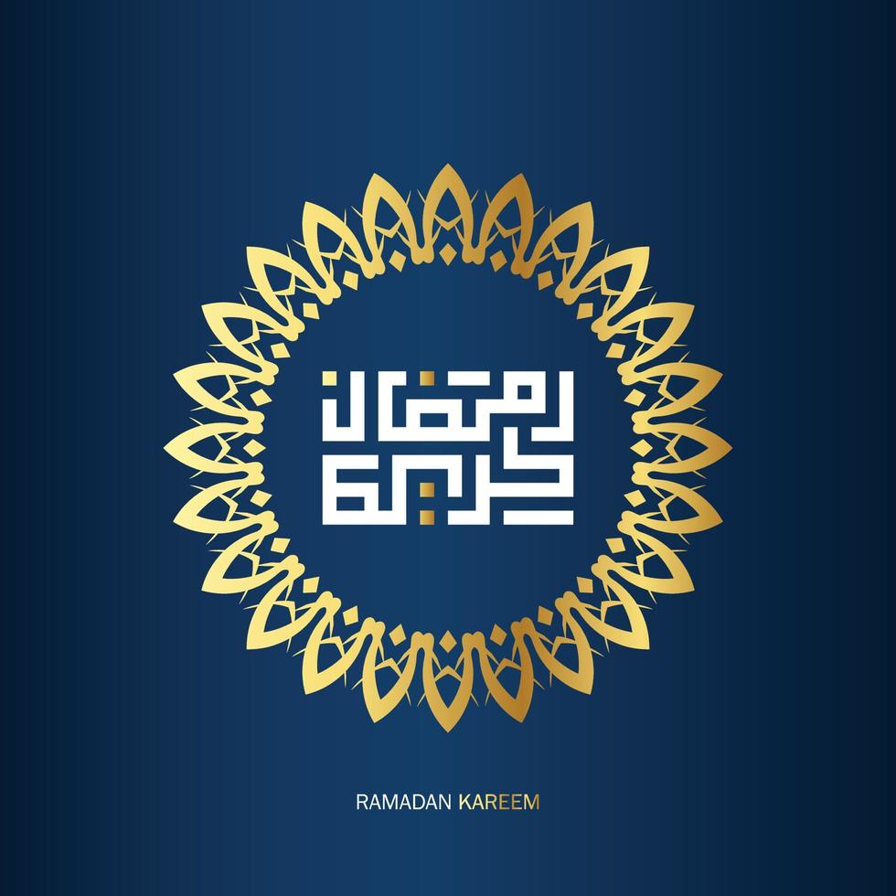 fri ramadan kareem arabicum kalligrafi med gyllene Färg på blå bakgrund. islamic månad av ramadan i arabicum logotyp hälsning design vektor