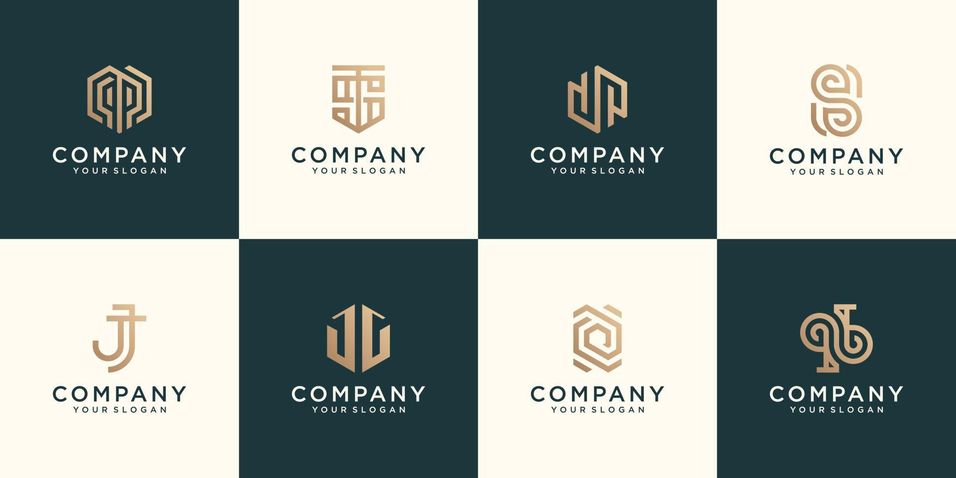 monogram logotyp uppsättning platt design guld Färg mönster i abstrakt modern minimalistisk platt för företag vektor