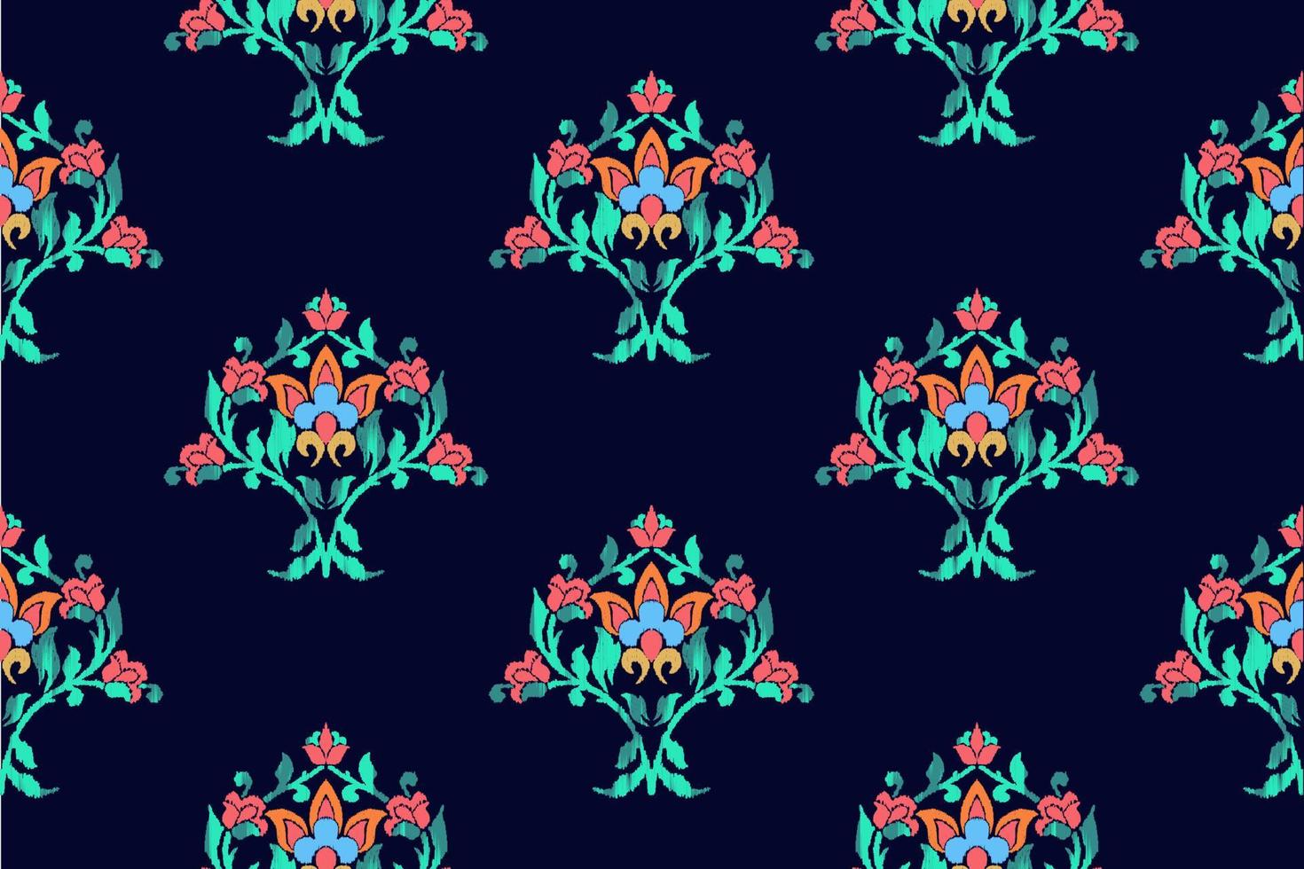 Ikat ethnisch nahtlos Muster Design. aztekisch Stoff Mandala Textil- Hintergrund. Stammes- einheimisch Motiv Boho Ornament afrikanisch amerikanisch indisch Volk traditionell Stickerei Vektor Hintergrund