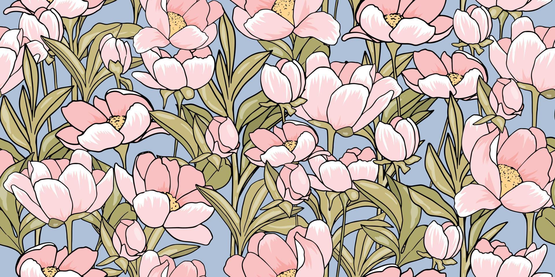mönster med rosa blomstrande pion trädgård på blå bakgrund vektor