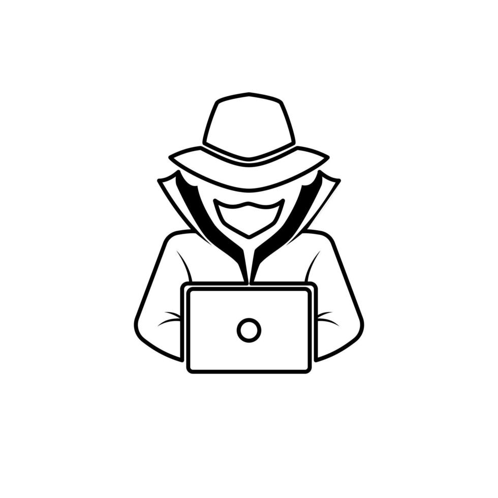 ett ombud med en bärbar dator. spionera ombud, hemlighet ombud, hacker. cyber säkerhet. vektor illustration.