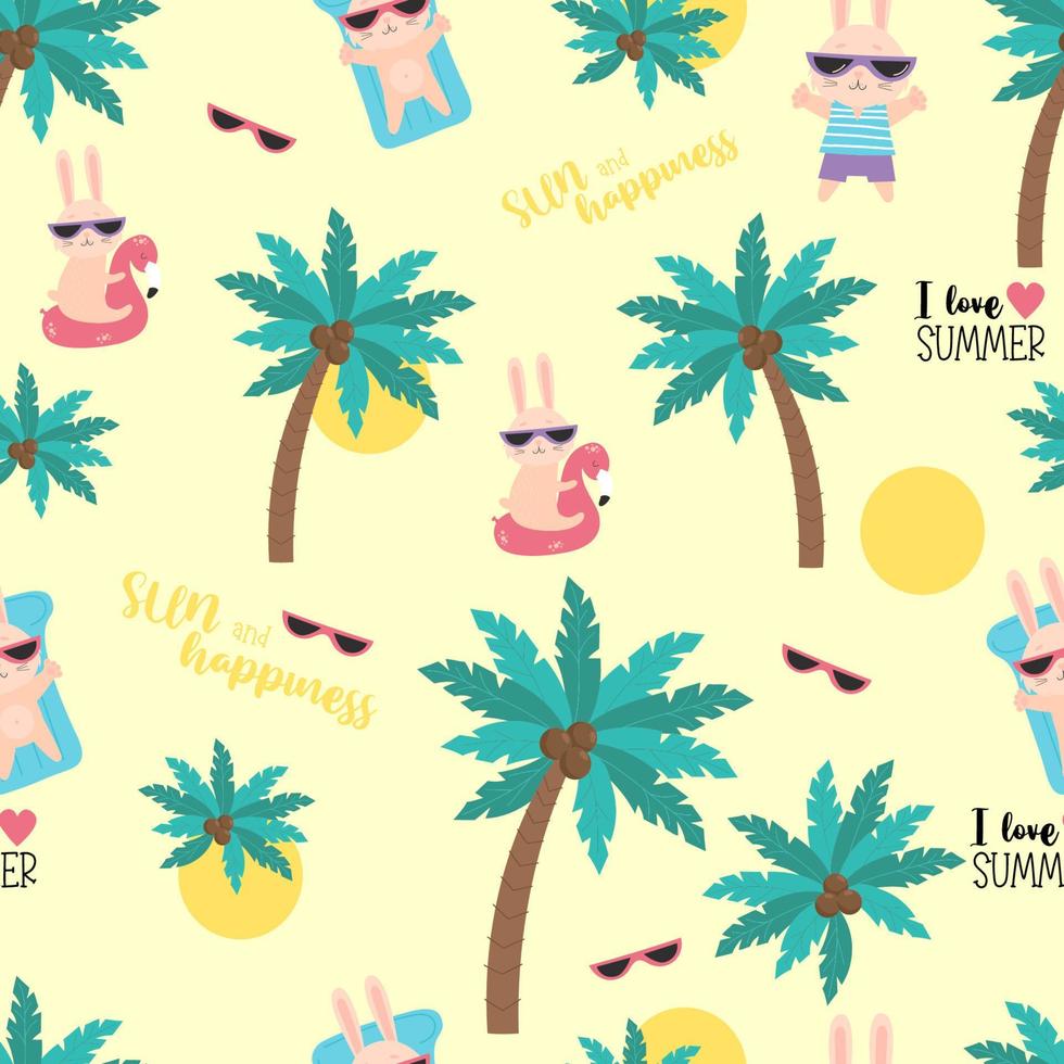 Sommer- tropisch nahtlos Muster. komisch Kaninchen Strandgänger im Sonnenbrille und schwebend auf wasserdicht aufblasbar Matratze auf Licht Hintergrund mit tropisch Palme Bäume. ich Liebe Sommer. Vektor Illustration