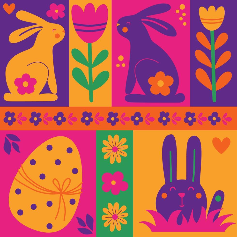 påsk färgrik abstrakt element plattor uppsättning. modern mönster geometrisk abstrakt stil. påsk ägg, kanin, blommor. vektor illustration. minimal hand dragen stil platt affisch, omslag, vykort.