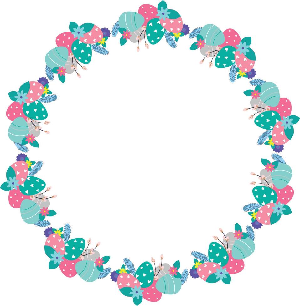 Ostern Blume Kranz . festlich Ostern Rahmen mit dekoriert Eier und Blumen und Symbole von hell Ostern vektor