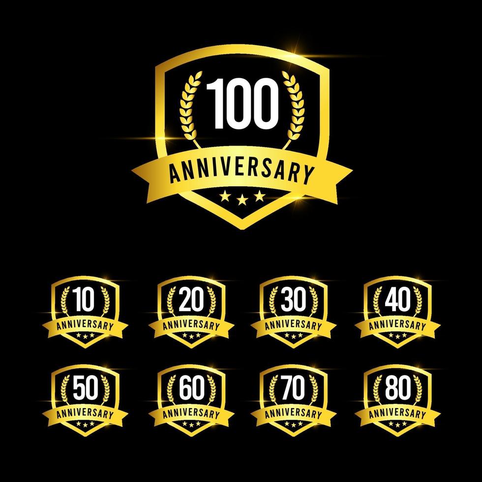 100 års jubileumsuppsättning guld emblem gammal design logo vektor mall illustration