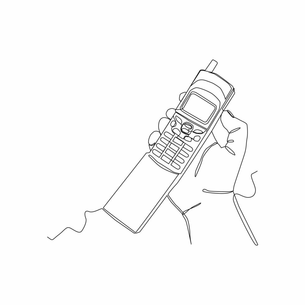 kontinuerlig linje teckning av hand innehav mobil telefon vektor