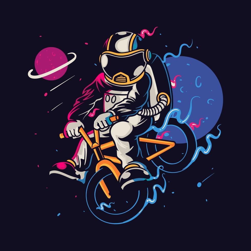 Astronauten-Zeichentrickfigur, die Fahrrad fährt vektor